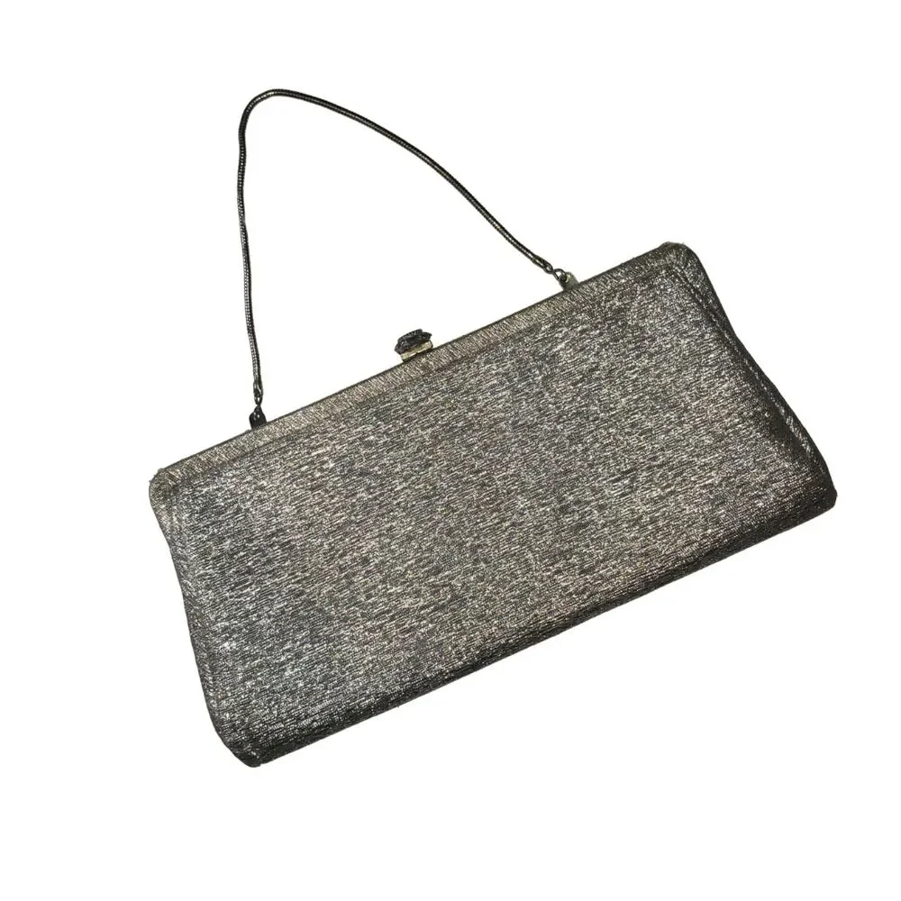 VINTAGE Metallic Silver Lame Fabric Evening Clutch Handbag Purse 50's